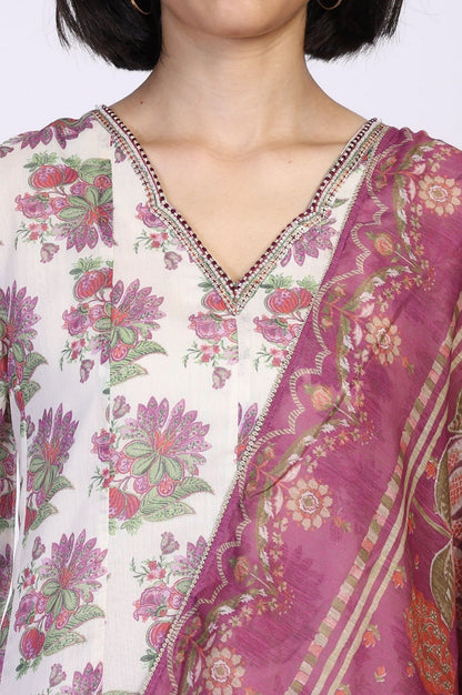 W for Woman Beige Floral Print Sequined Flared Chanderi Kurta with Pant and Dupatta Set