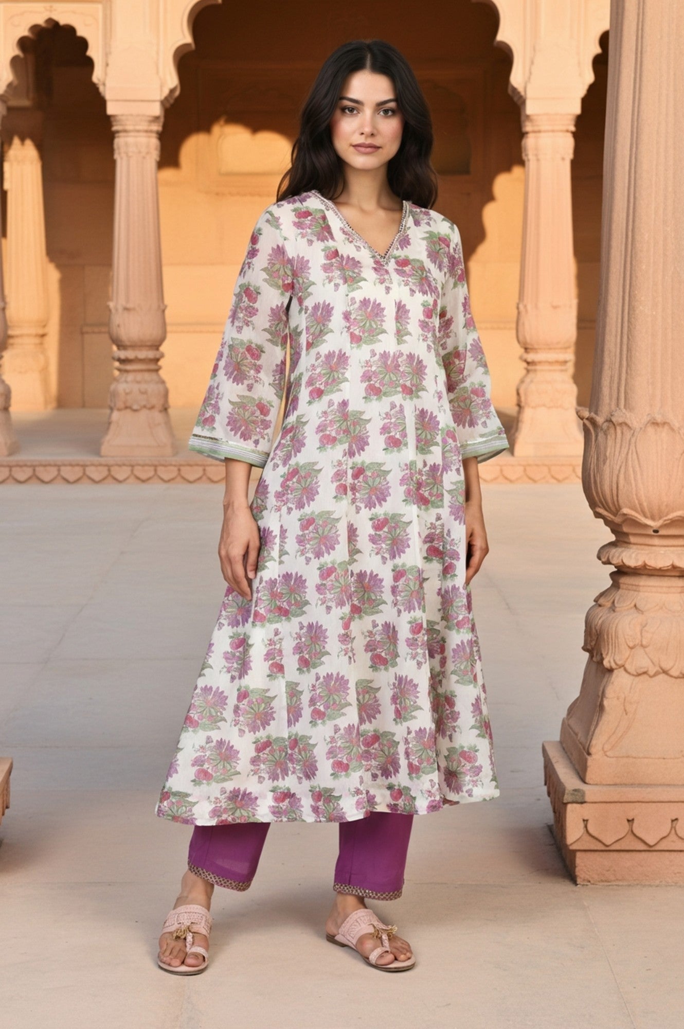 W for Woman Beige Floral Print Sequined Flared Chanderi Kurta with Pant and Dupatta Set