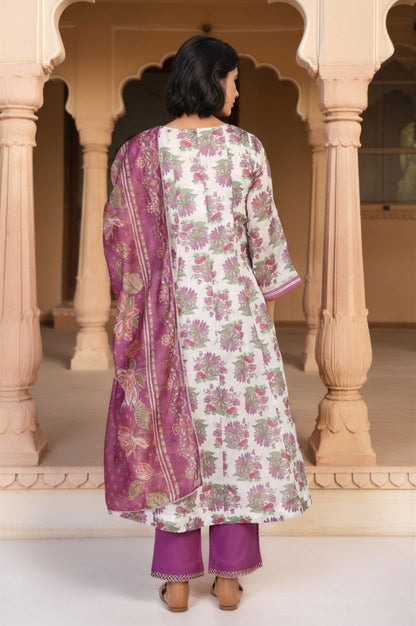 W for Woman Beige Floral Print Sequined Flared Chanderi Kurta with Pant and Dupatta Set