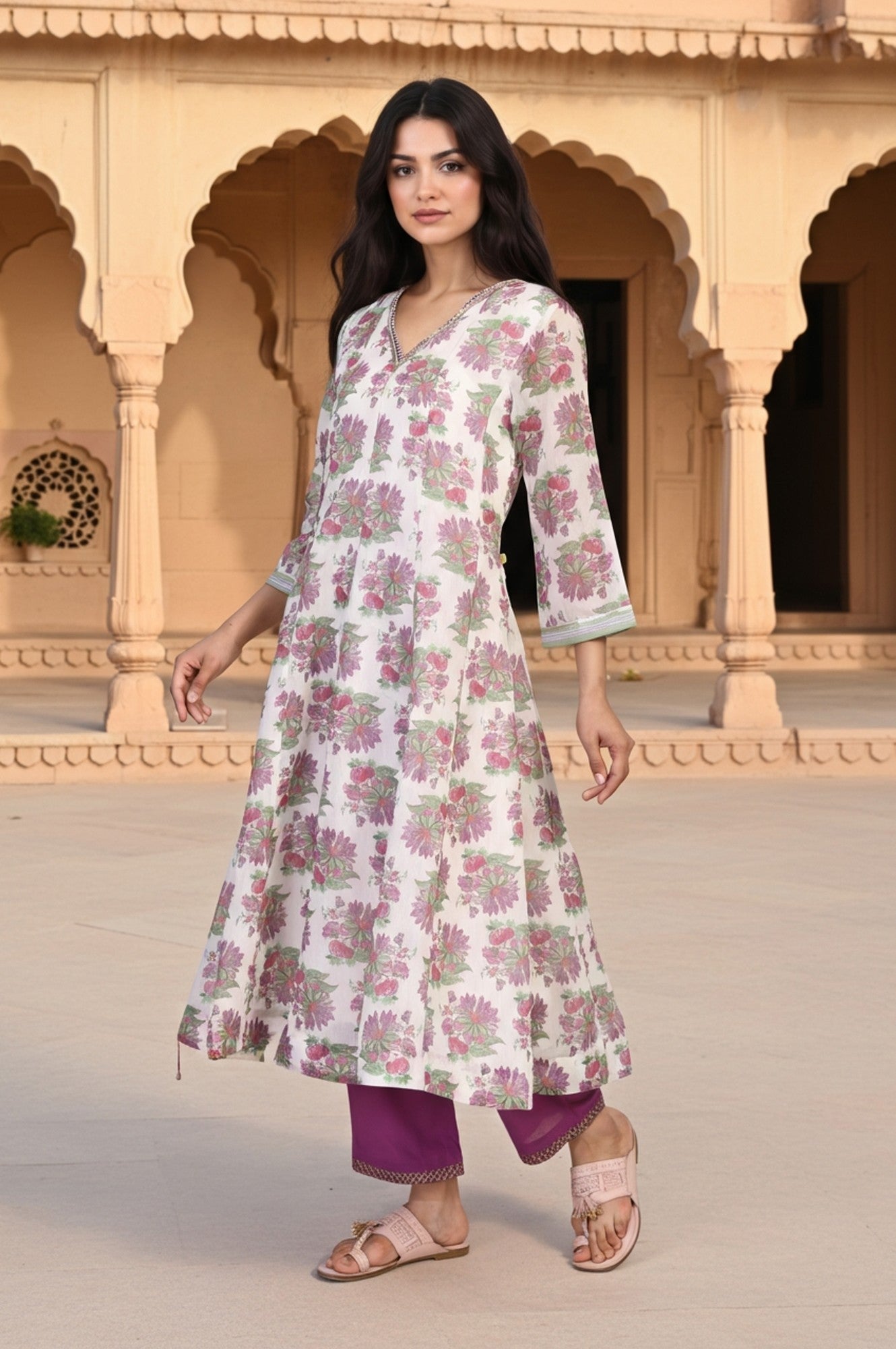 W for Woman Beige Floral Print Sequined Flared Chanderi Kurta with Pant and Dupatta Set