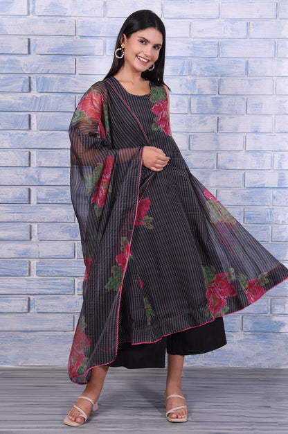W for Woman Black Floral Printed Beads Organza Flared Kurta, Cropped Flared Pants And Dupatta Set
