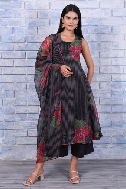 W for Woman Black Floral Printed Beads Organza Flared Kurta, Cropped Flared Pants And Dupatta Set