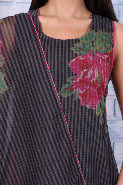 W for Woman Black Floral Printed Beads Organza Flared Kurta, Cropped Flared Pants And Dupatta Set