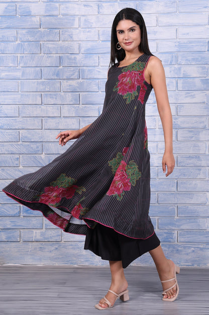 W for Woman Black Floral Printed Beads Organza Flared Kurta, Cropped Flared Pants And Dupatta Set