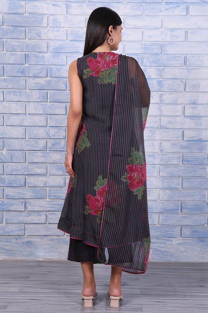 W for Woman Black Floral Printed Beads Organza Flared Kurta, Cropped Flared Pants And Dupatta Set