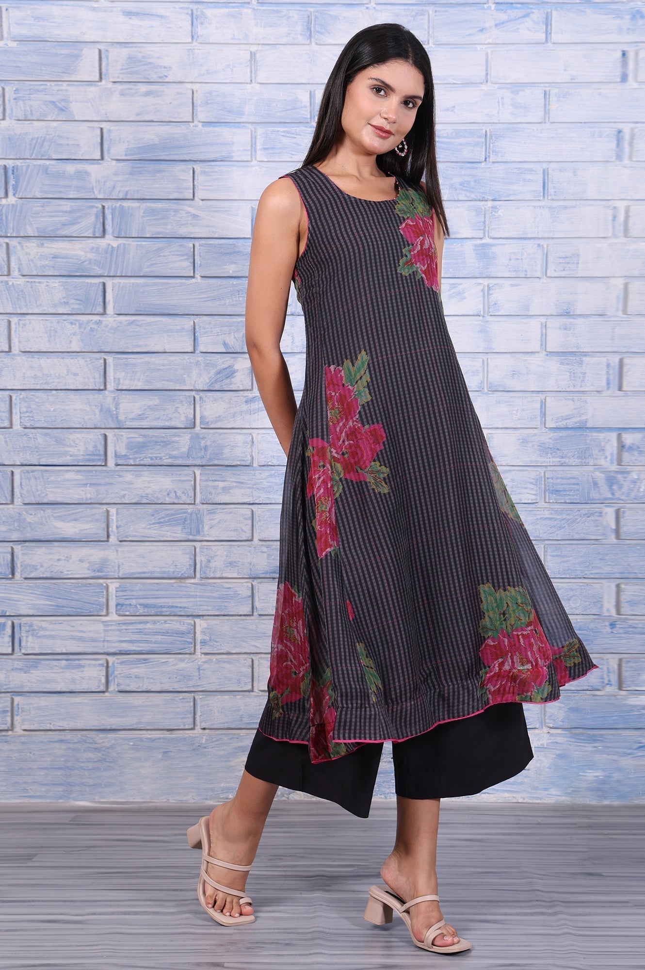 W for Woman Black Floral Printed Beads Organza Flared Kurta, Cropped Flared Pants And Dupatta Set