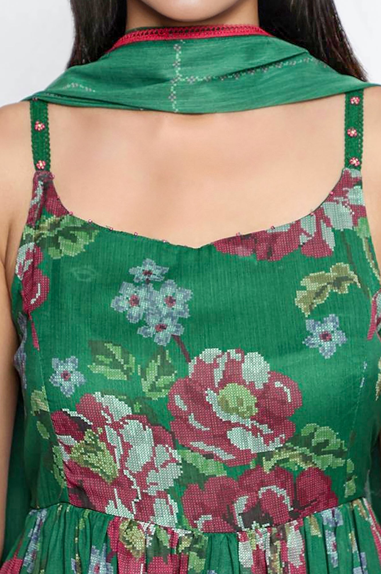 W for Woman Green Printed Chiffon Flared Kurta, Straight Pant and Dupatta Set