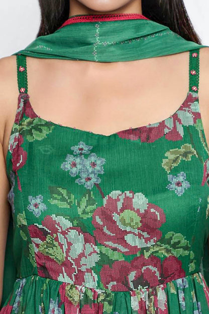 W for Woman Green Printed Chiffon Flared Kurta, Straight Pant and Dupatta Set