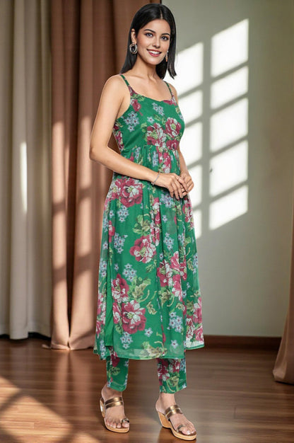 W for Woman Green Printed Chiffon Flared Kurta, Straight Pant and Dupatta Set