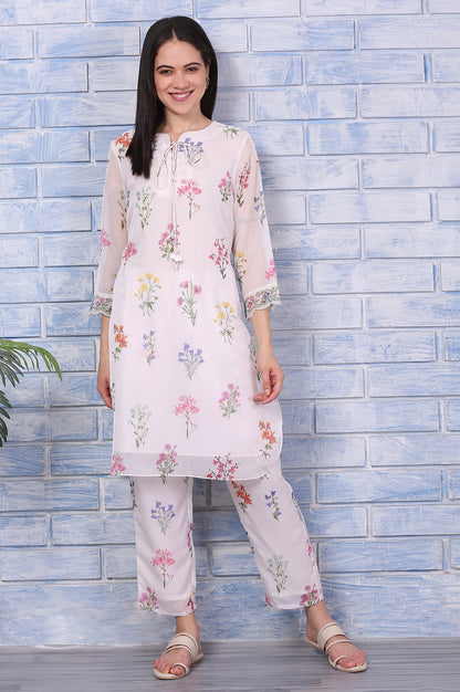W for Woman Cream Floral Printed Organza Straight Kurta and Pants Co-ord Set