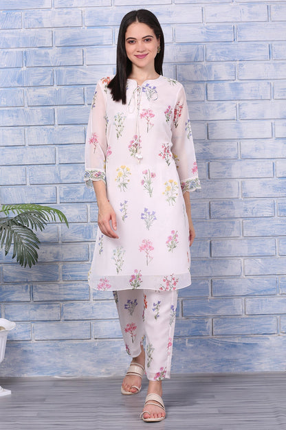 W for Woman Cream Floral Printed Organza Straight Kurta and Pants Co-ord Set