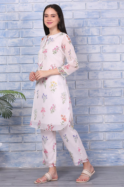 W for Woman Cream Floral Printed Organza Straight Kurta and Pants Co-ord Set
