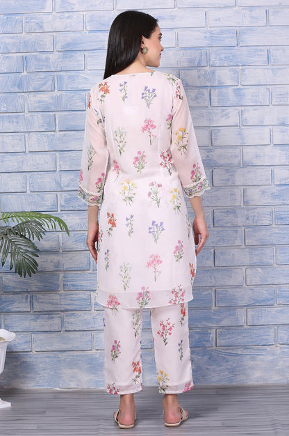 W for Woman Cream Floral Printed Organza Straight Kurta and Pants Co-ord Set
