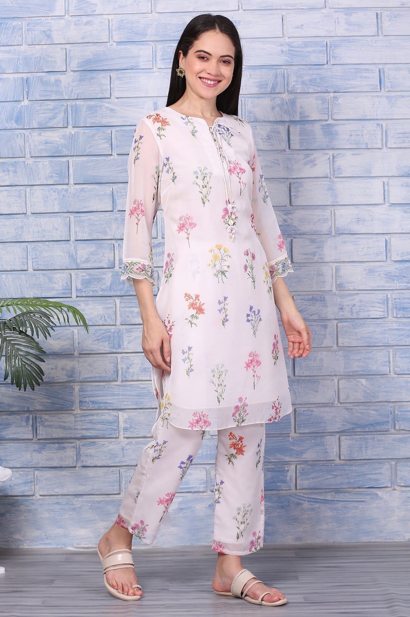 W for Woman Cream Floral Printed Organza Straight Kurta and Pants Co-ord Set