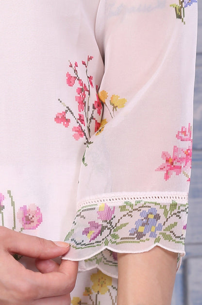 W for Woman Cream Floral Printed Organza Straight Kurta and Pants Co-ord Set