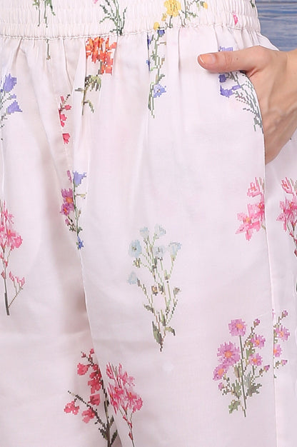 W for Woman Cream Floral Printed Organza Straight Kurta and Pants Co-ord Set