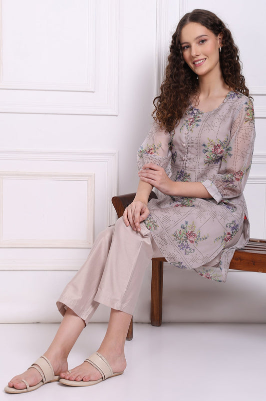 W for Woman Grey Floral Printed Organza Straight Kurta and Straight Pants Set
