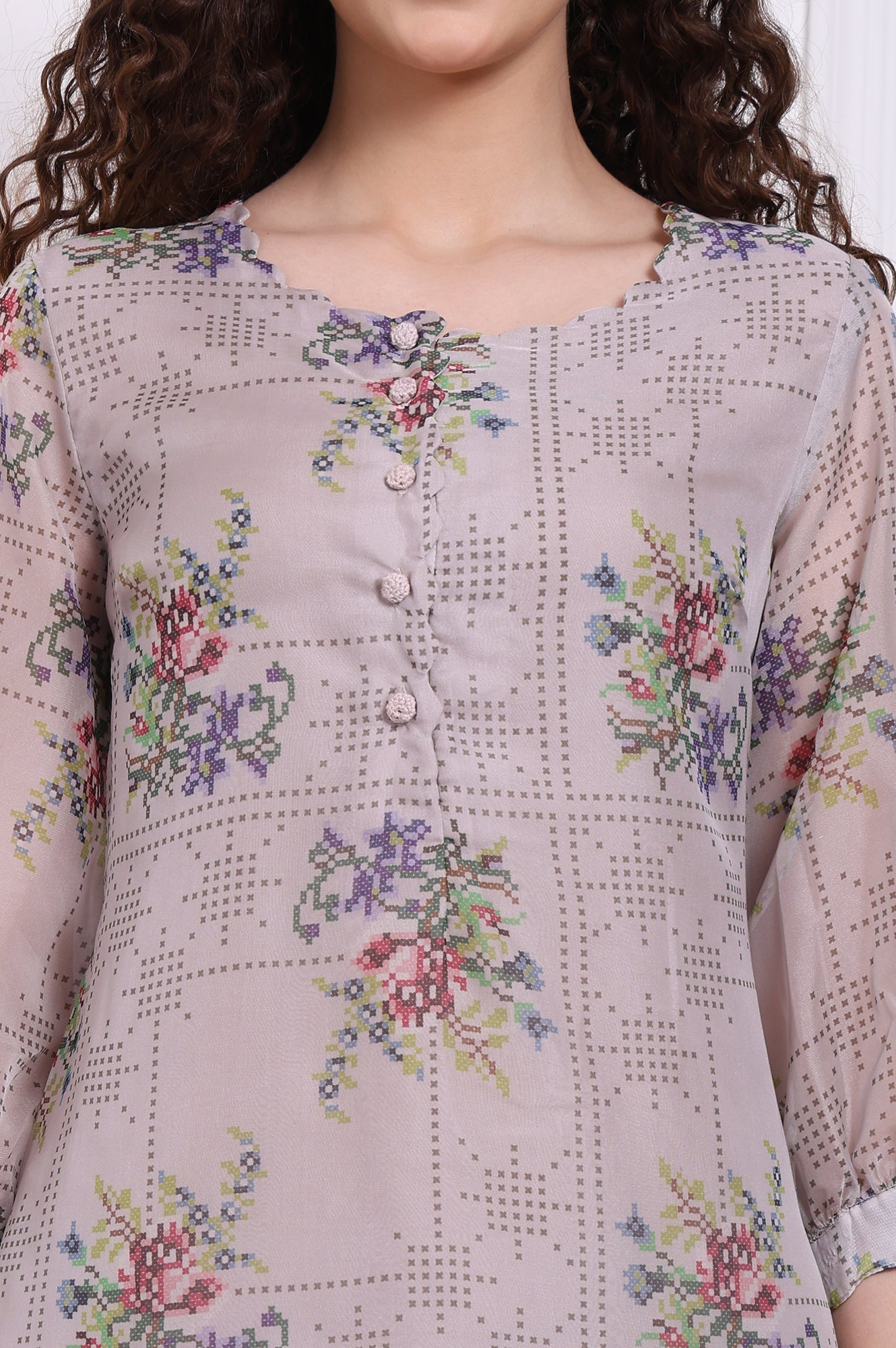 W for Woman Grey Floral Printed Organza Straight Kurta and Straight Pants Set