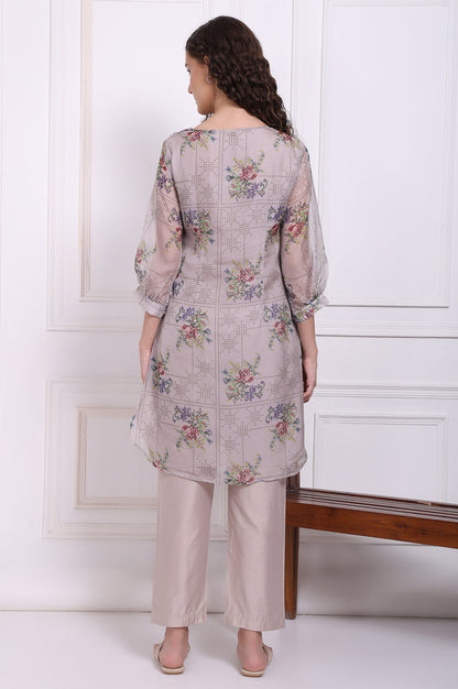 W for Woman Grey Floral Printed Organza Straight Kurta and Straight Pants Set