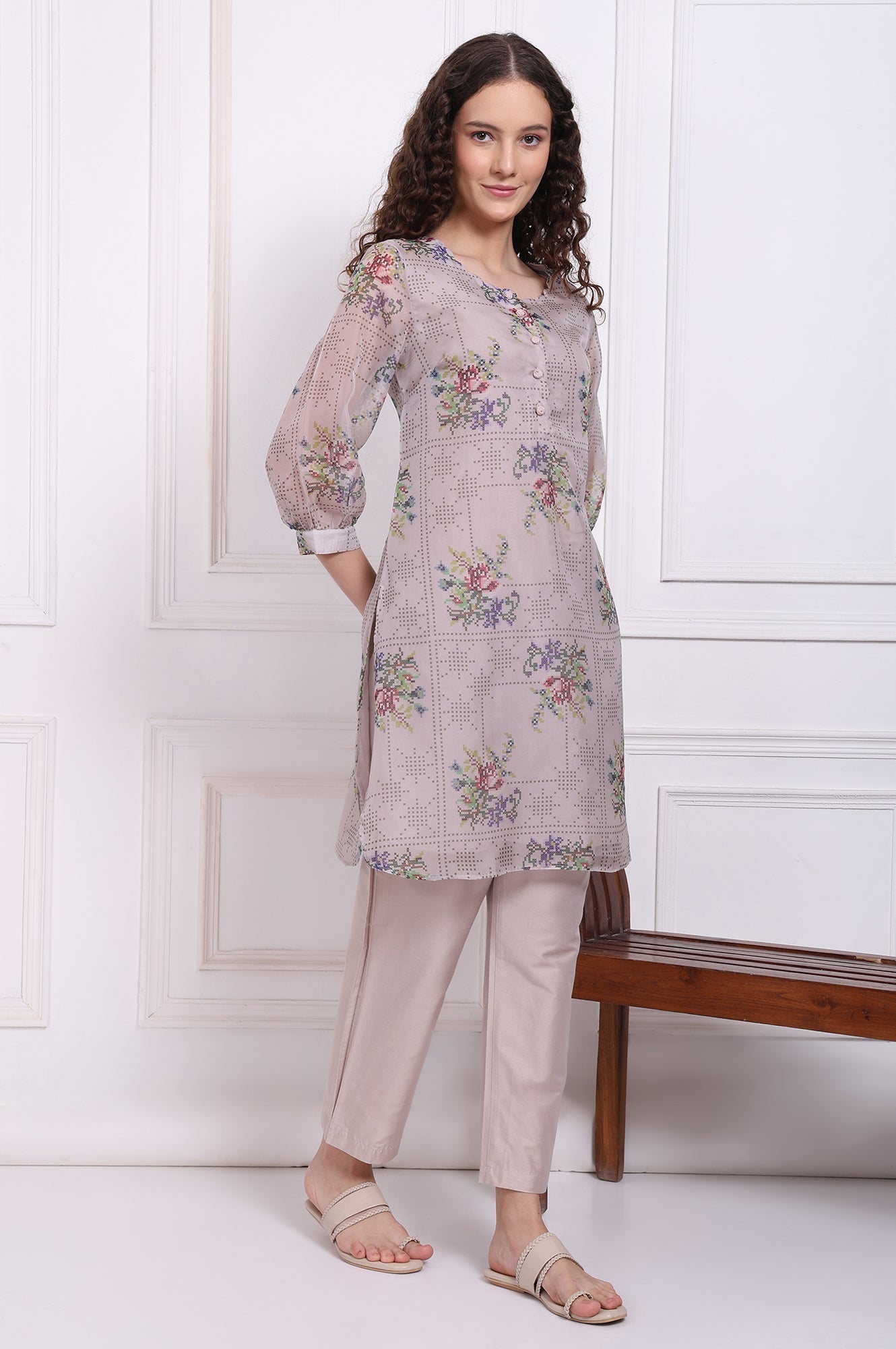W for Woman Grey Floral Printed Organza Straight Kurta and Straight Pants Set