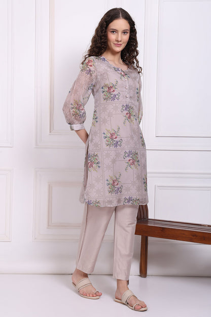 W for Woman Grey Floral Printed Organza Straight Kurta and Straight Pants Set