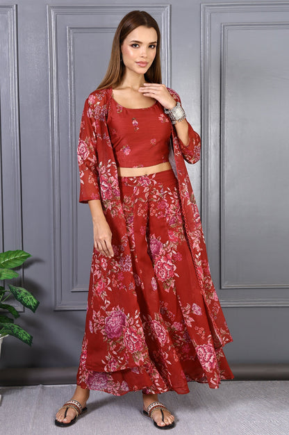 W for Woman Red Floral Printed Lace Chiffon Crop Spaghetti Top, Jacket and Flared Pants Set