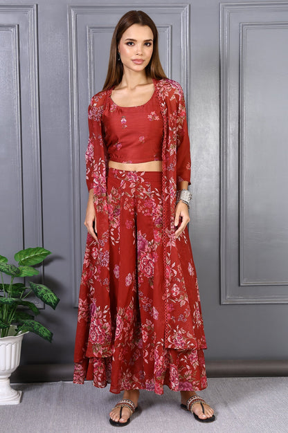 W for Woman Red Floral Printed Lace Chiffon Crop Spaghetti Top, Jacket and Flared Pants Set