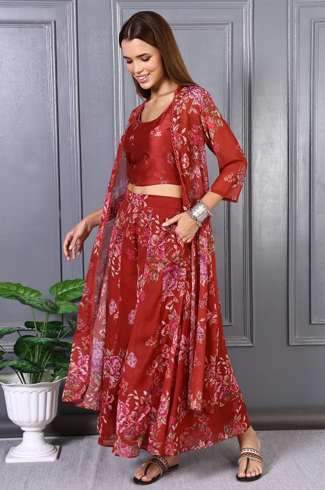 W for Woman Red Floral Printed Lace Chiffon Crop Spaghetti Top, Jacket and Flared Pants Set