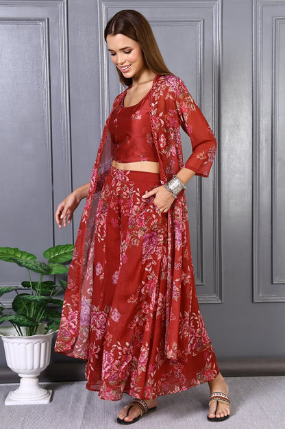 W for Woman Red Floral Printed Lace Chiffon Crop Spaghetti Top, Jacket and Flared Pants Set