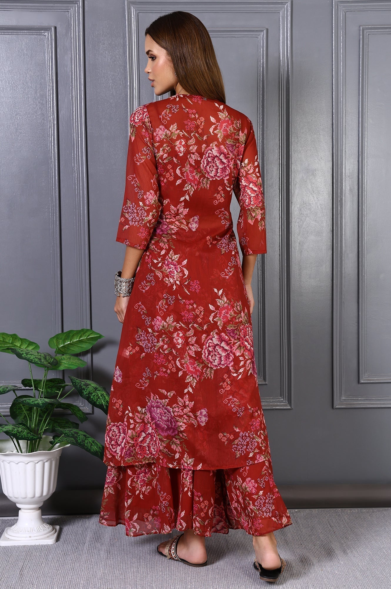 W for Woman Red Floral Printed Lace Chiffon Crop Spaghetti Top, Jacket and Flared Pants Set