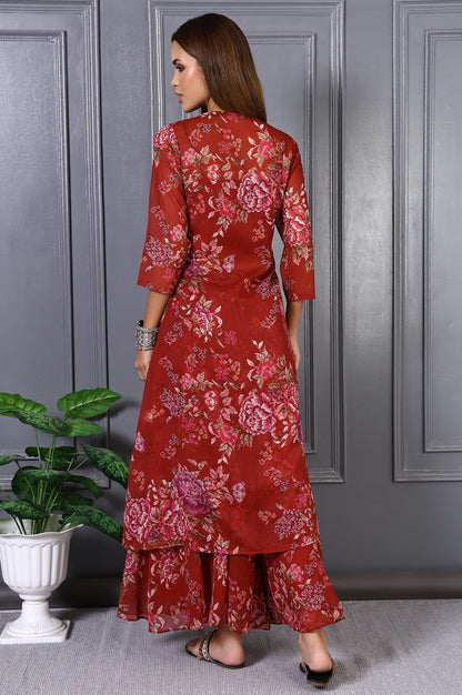 W for Woman Red Floral Printed Lace Chiffon Crop Spaghetti Top, Jacket and Flared Pants Set