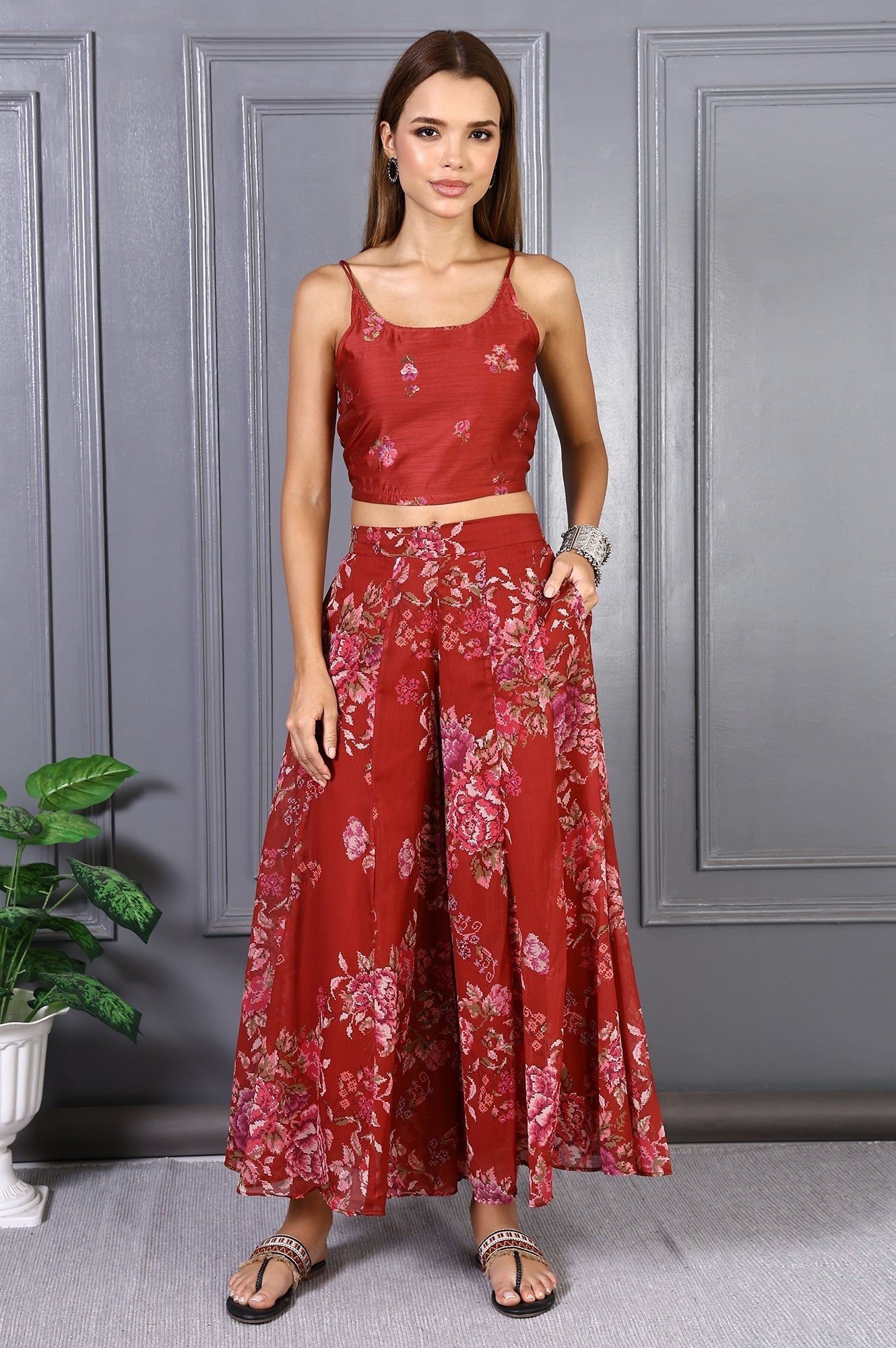 W for Woman Red Floral Printed Lace Chiffon Crop Spaghetti Top, Jacket and Flared Pants Set