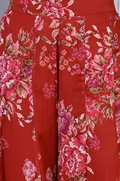 W for Woman Red Floral Printed Lace Chiffon Crop Spaghetti Top, Jacket and Flared Pants Set