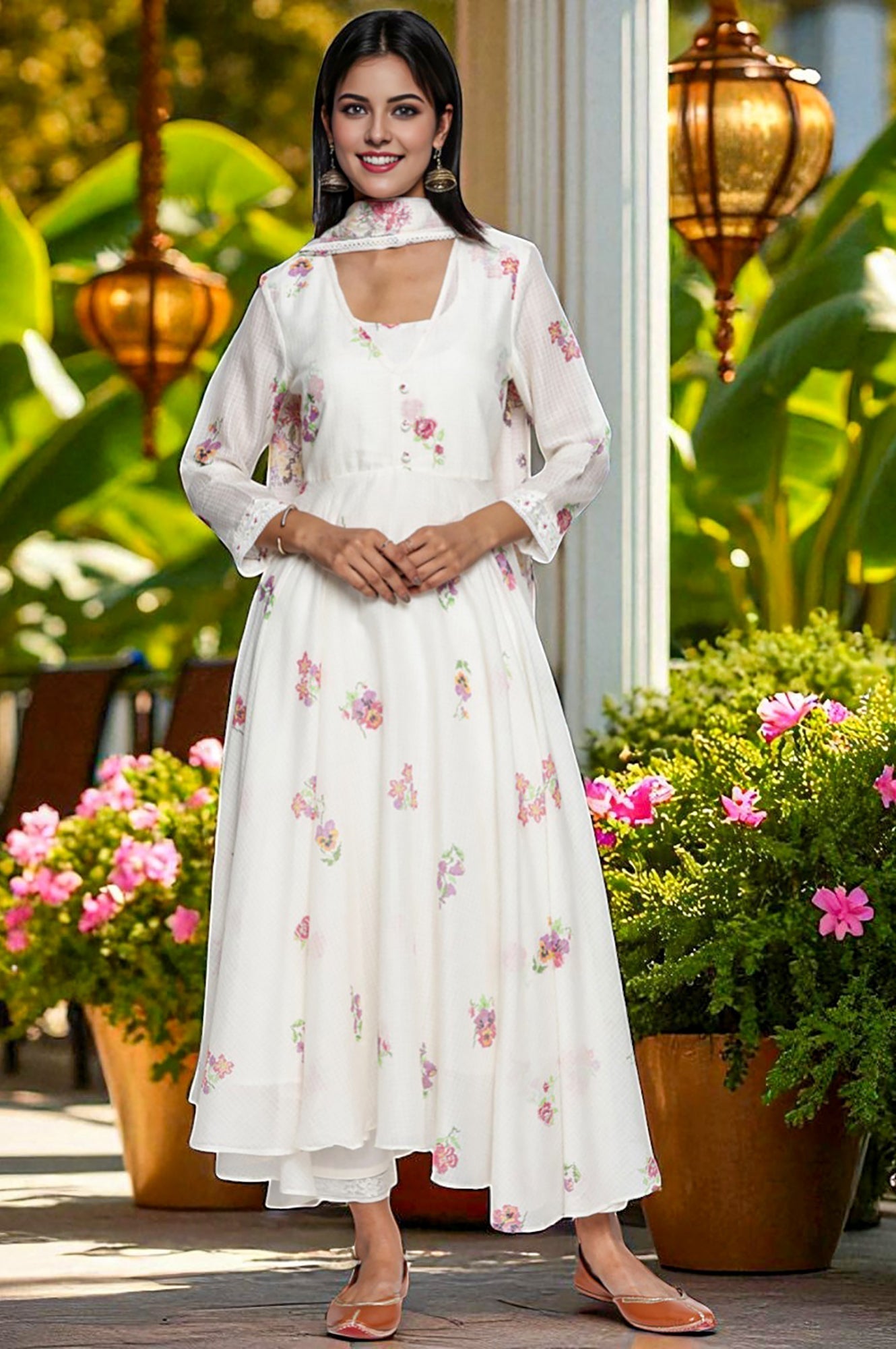 W for Woman Ecru Printed Kota Flared Kurta, Straight Pant and Dupatta Set