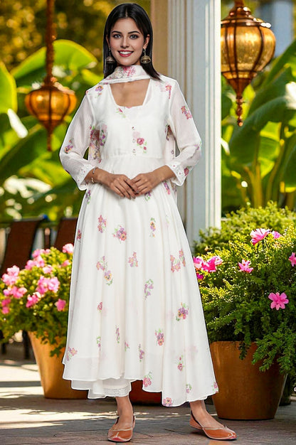 W for Woman Ecru Printed Kota Flared Kurta, Straight Pant and Dupatta Set