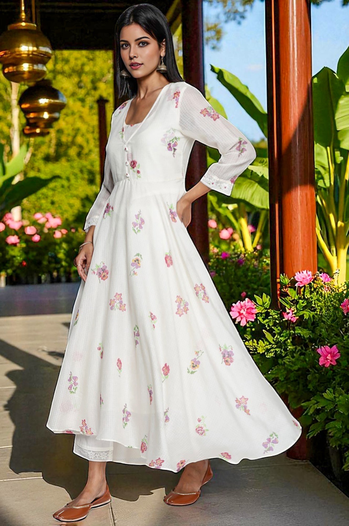 W for Woman Ecru Printed Kota Flared Kurta, Straight Pant and Dupatta Set