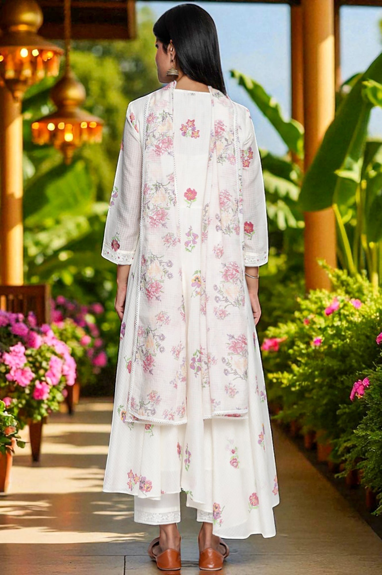 W for Woman Ecru Printed Kota Flared Kurta, Straight Pant and Dupatta Set