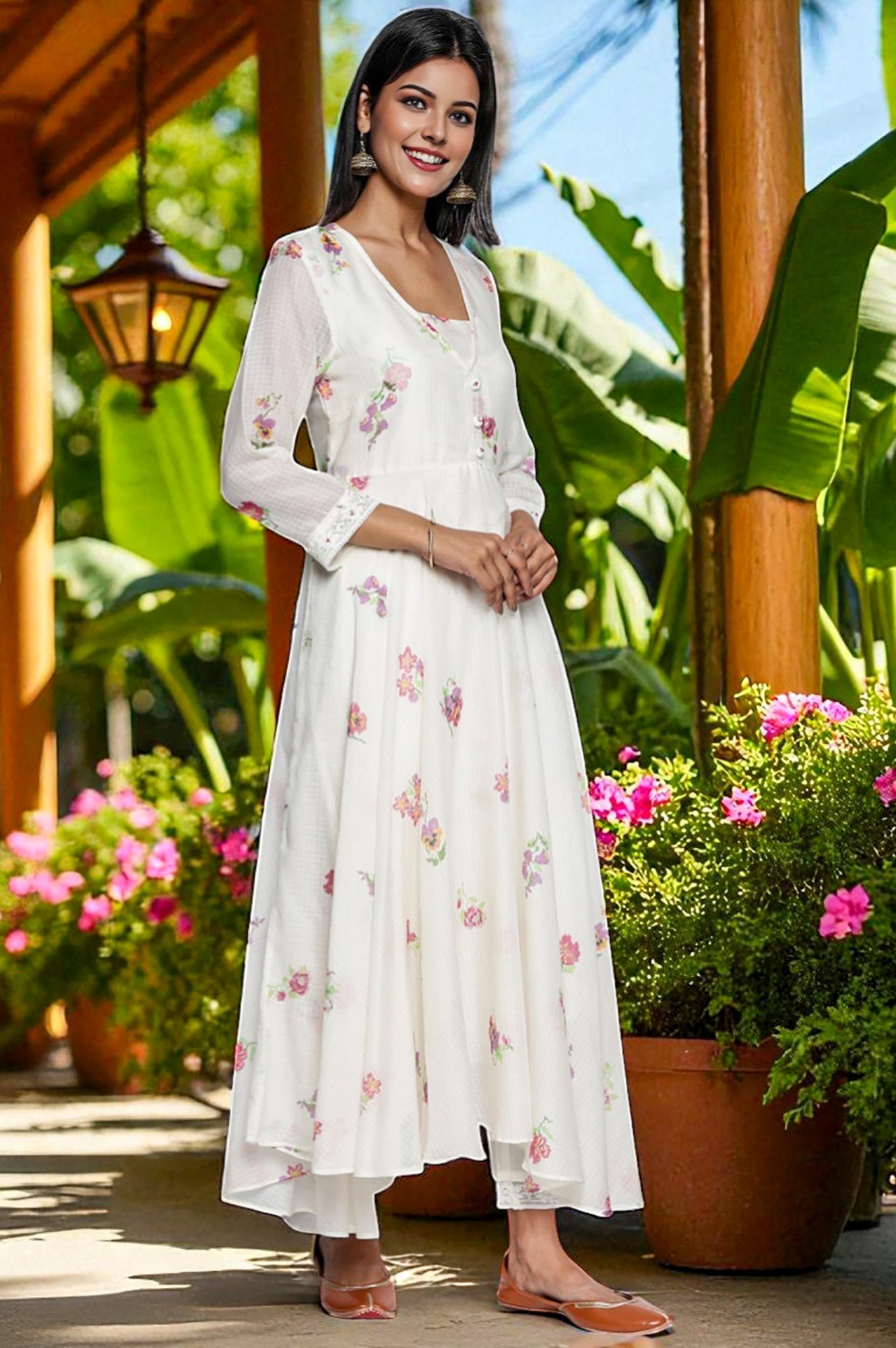 W for Woman Ecru Printed Kota Flared Kurta, Straight Pant and Dupatta Set