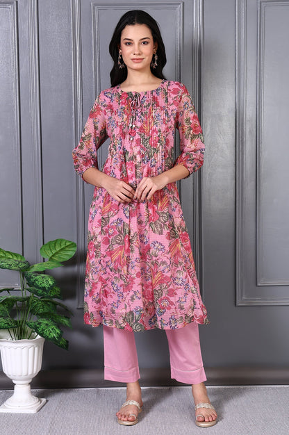 W for Woman Pink Floral Printed Pintuck Yoke Chiffon Straight Kurta and Pants Co-ord Set