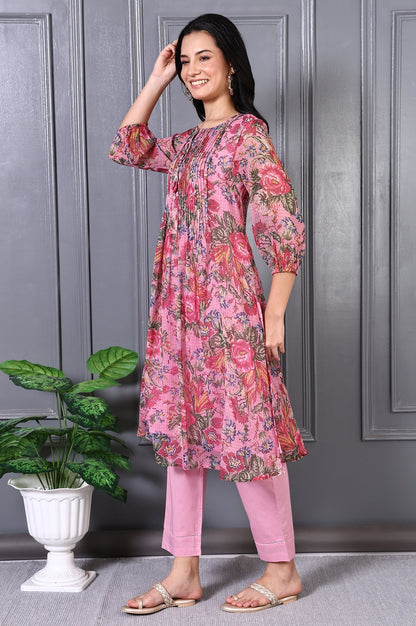 W for Woman Pink Floral Printed Pintuck Yoke Chiffon Straight Kurta and Pants Co-ord Set