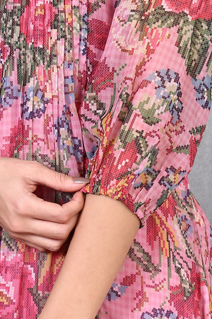 W for Woman Pink Floral Printed Pintuck Yoke Chiffon Straight Kurta and Pants Co-ord Set