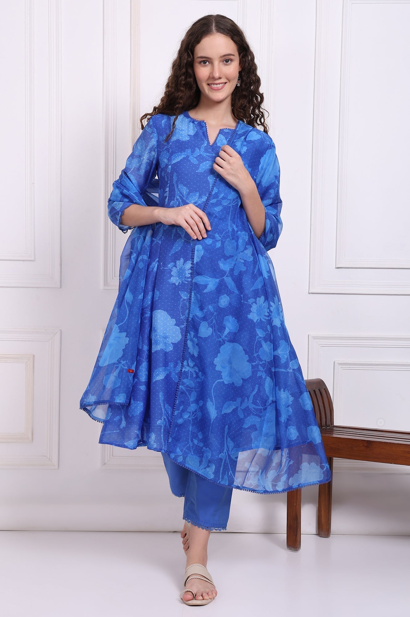 W for Woman Blue Floral Printed Lace Flared Kurta, Pants and Dupatta Set