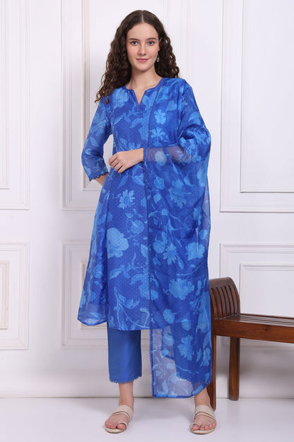 W for Woman Blue Floral Printed Lace Flared Kurta, Pants and Dupatta Set