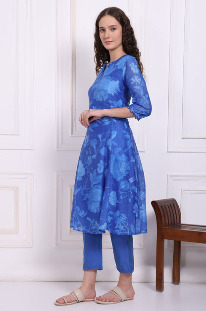 W for Woman Blue Floral Printed Lace Flared Kurta, Pants and Dupatta Set