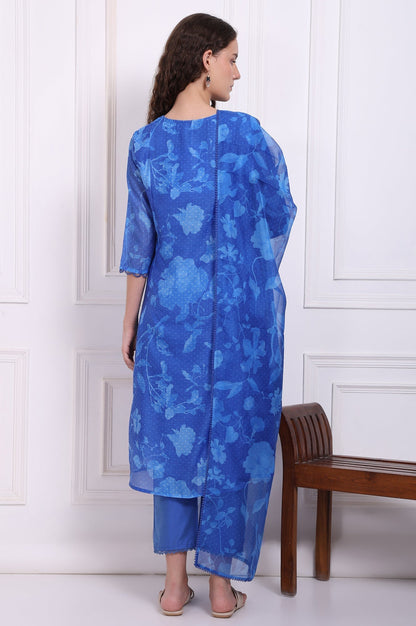W for Woman Blue Floral Printed Lace Flared Kurta, Pants and Dupatta Set
