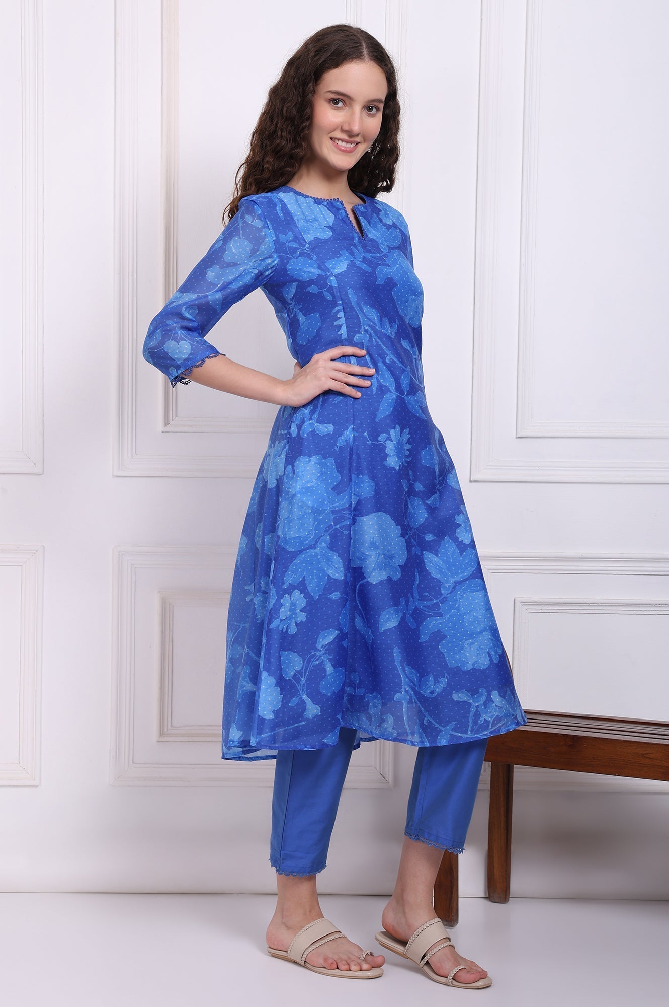 W for Woman Blue Floral Printed Lace Flared Kurta, Pants and Dupatta Set