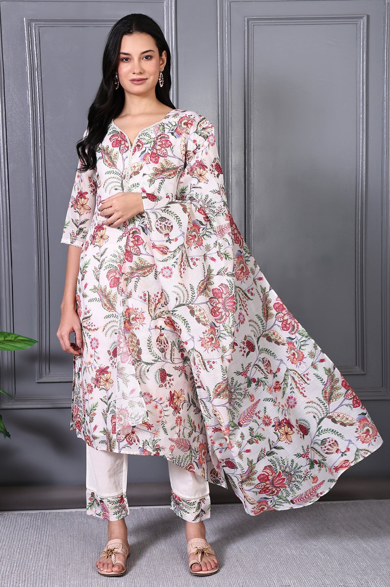 W for Woman Off White Floral Printed Kota Straight Kurta, Pants and Dupatta Set