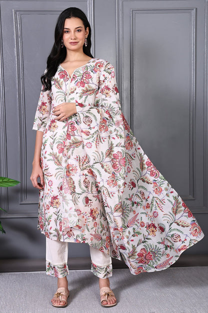 W for Woman Off White Floral Printed Kota Straight Kurta, Pants and Dupatta Set
