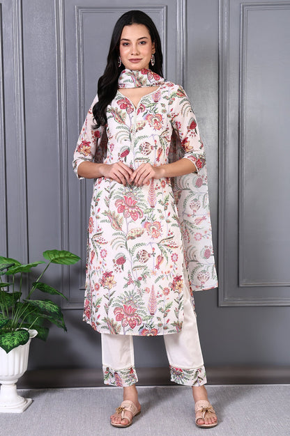W for Woman Off White Floral Printed Kota Straight Kurta, Pants and Dupatta Set