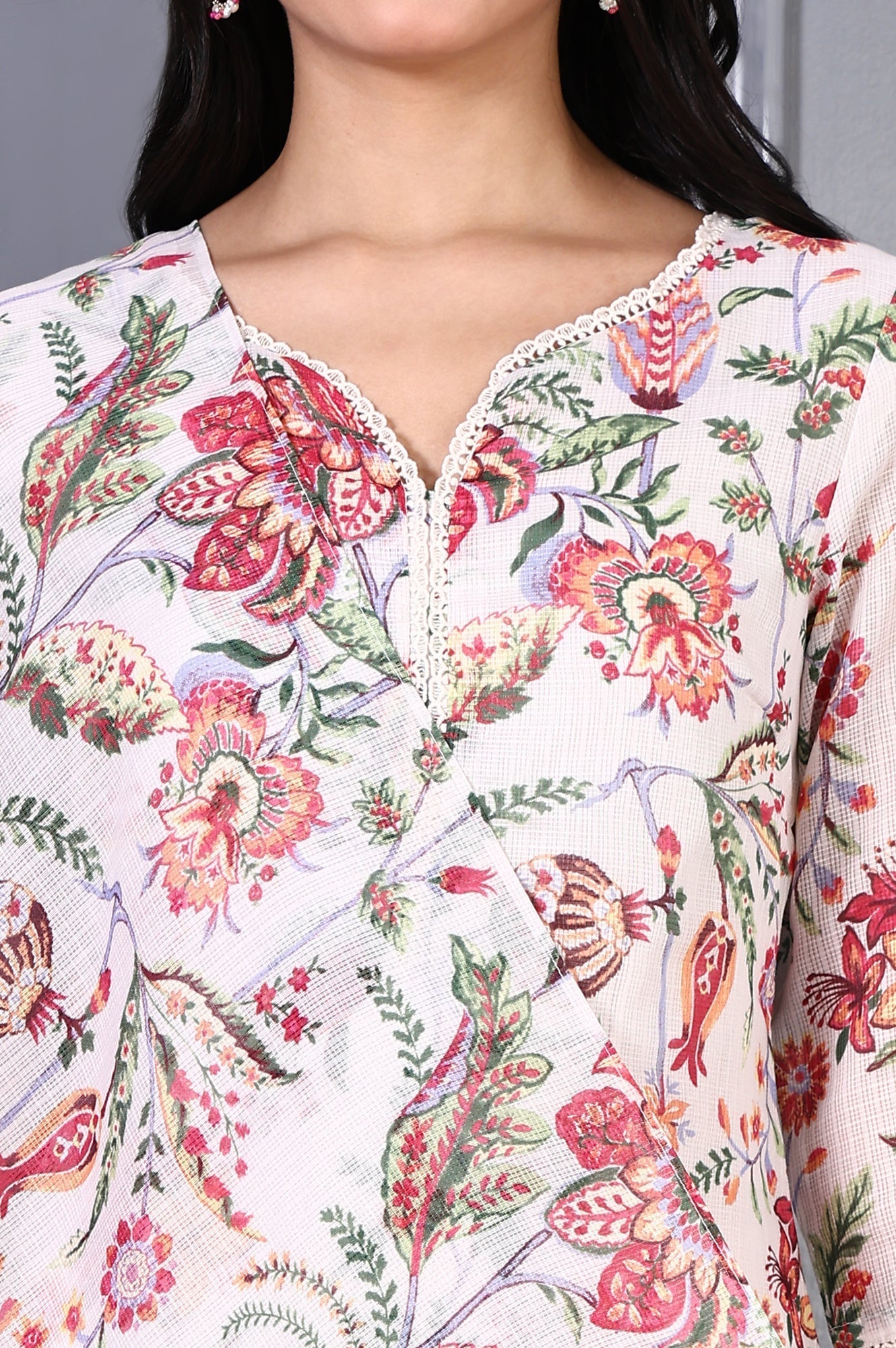 W for Woman Off White Floral Printed Kota Straight Kurta, Pants and Dupatta Set